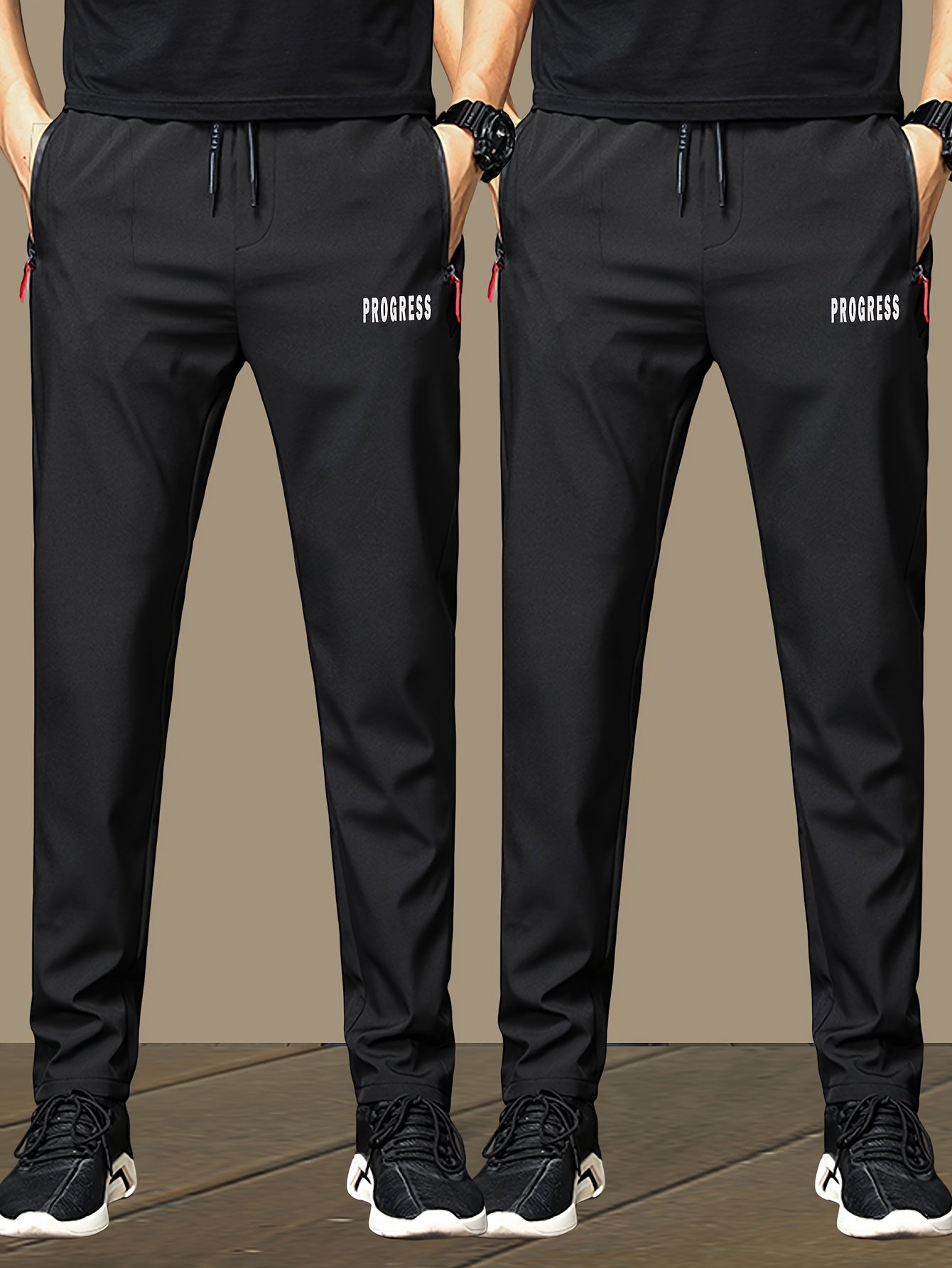 2 հատ Տղամարդկանց թեթև ջոջեր - արագ չորացող շնչող պոլիեսթեր, ոճային «PRINCESS» տպագրություն գոտկատեղով և կայծակաճարմանդ գրպաններով, Սև պատահական սպորտային տաբատ ամենօրյա հագուստի համար, կարգավորելի հարմարավետ տաբատ | Նորաոճ տպագիր ջոջեր | Ս