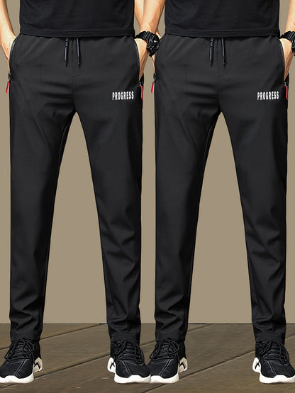 2 հատ Տղամարդկանց թեթև ջոջեր - արագ չորացող շնչող պոլիեսթեր, ոճային «PRINCESS» տպագրություն գոտկատեղով և կայծակաճարմանդ գրպաններով, Սև պատահական սպորտային տաբատ ամենօրյա հագուստի համար, կարգավորելի հարմարավետ տաբատ | Նորաոճ տպագիր ջոջեր | Ս