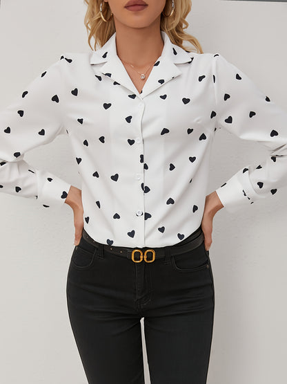 Elegant Women's Heart Pattern Long Sleeve Button-Up Shirt - Semi-Sheer, Polyester, Machine Washable - Perfect for Spring/Fall - ayq