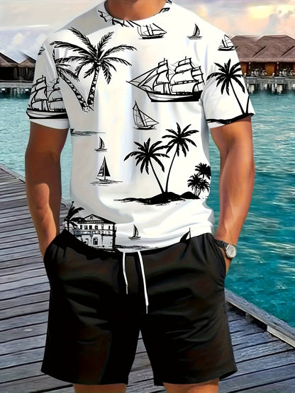 A set of 2 stylish Men's palm tree pattern summer fresh T-shirts and shorts, micro-stretch polyester knit fabric with a fitted fit, suitable for outdoor activities and family gatherings.