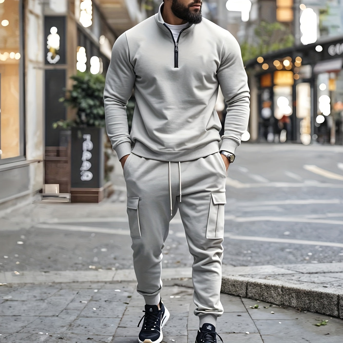 Բազմակողմանի համույթ, տղամարդկանց համար նախատեսված առօրյա 2 հատանոց հավաքածու. Բարձր վզնոցով ծանր, կայծակաճարմանդով սվիտեր և գրպաններով աշխատանքային տաբատ՝ միագույն, փափուկ գործվածքից՝ աշուն/ձմեռ համար