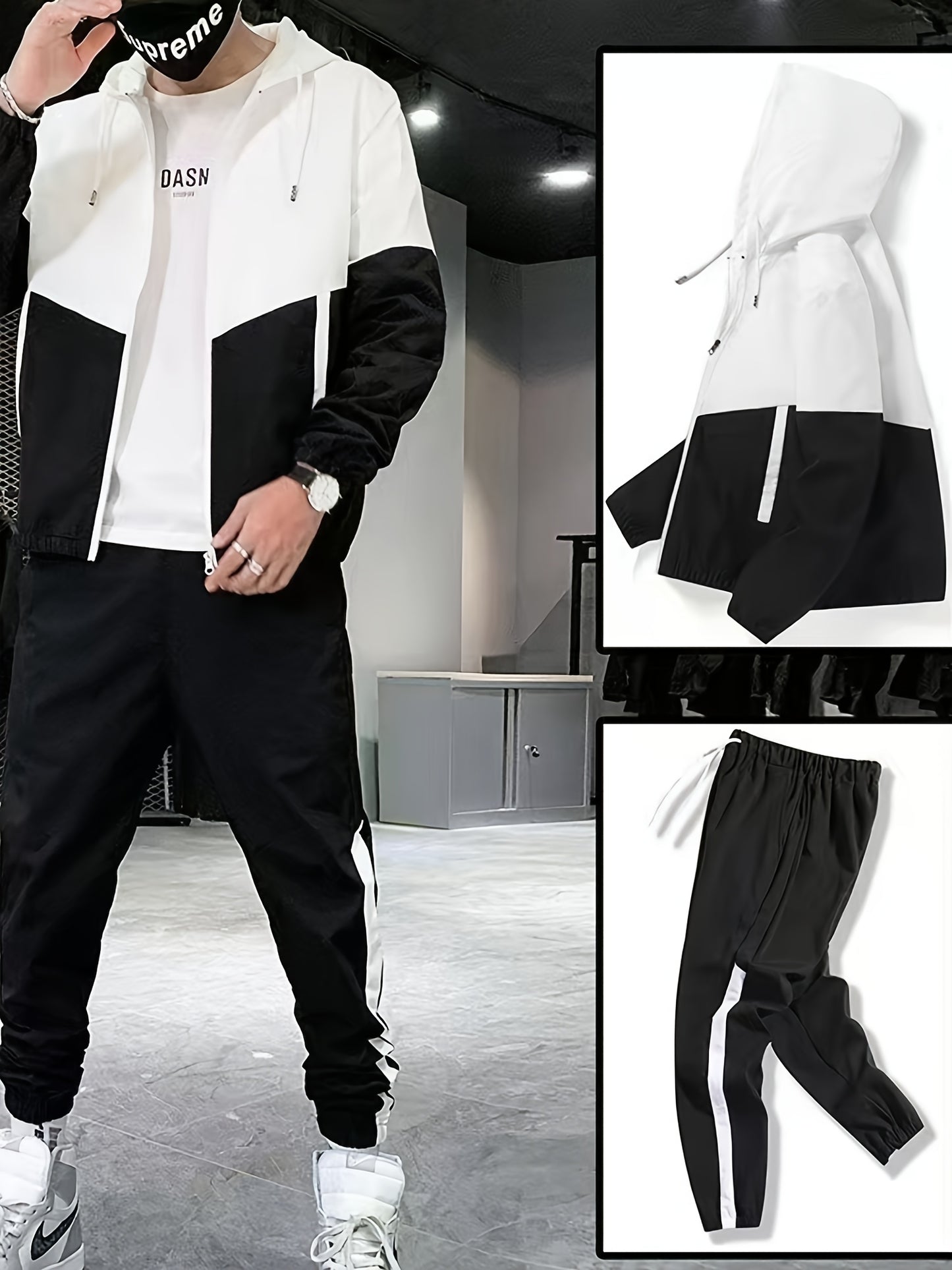 Տղամարդկանց գարուն-աշուն բացօթյա սպորտաձևերի մարզումների համար նախատեսված ամենօրյա գունային բլոկներով կարված վերնաշապիկով, կարգավորվող հավաքածու՝ տնային վերնաշապիկով և տաբատով, նորաձև քամուց պաշտպանող բաճկոնով, տաբատով, երկկտոր կոստյումով