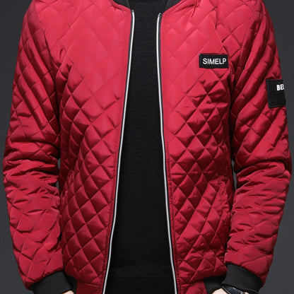 Men's Casual Quilted Zip Up Jacket, Chic Baseball Collar Jacket For Fall Winter