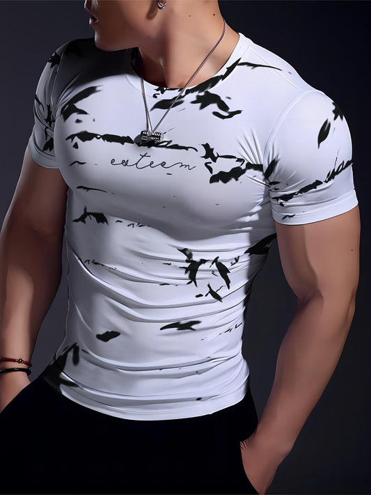 Men's High-Elasticity Anti-Tear Graffiti T-Shirt - Black  White Geometric Print, Tight-Fit Athletic Top for Gym, Running, Yoga  Casual Summer Wear, Gym Clothes, Highelastic Polyester, Short Sleeve Design