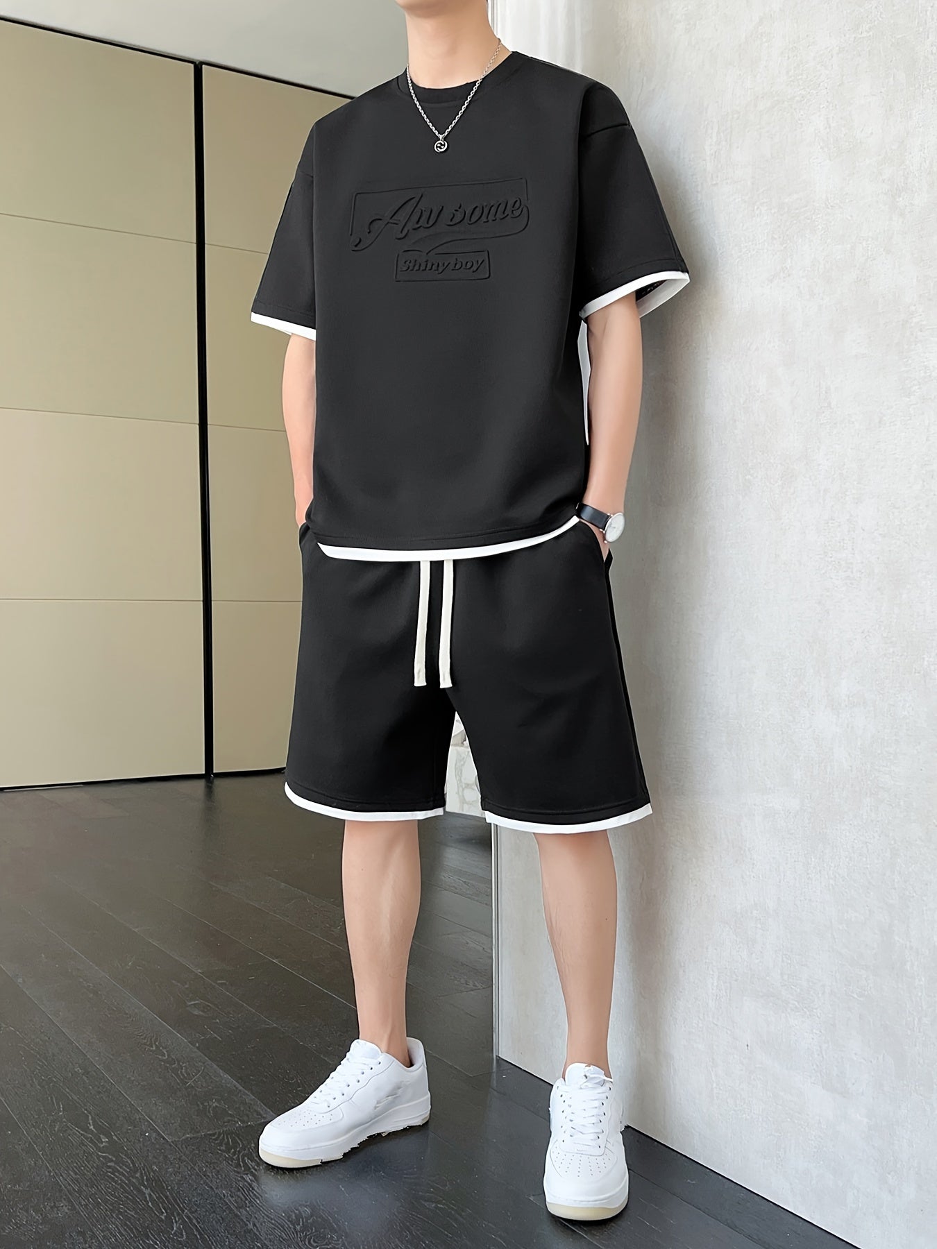 Men's Casual Fashion Sportswear Set - Light Gray "DREAMS" Print T-Shirt & Shorts, 100% Polyester, Machine Washable, Summer Outfit - ayq