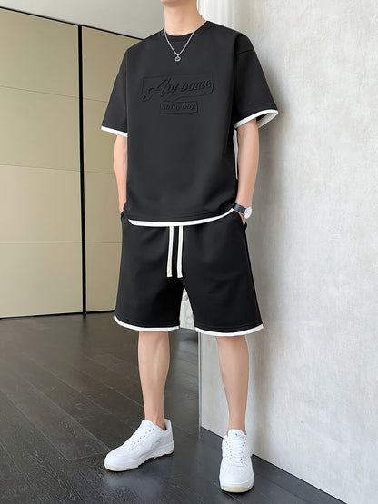 Men's Casual Fashion Sportswear Set - Light Gray "DREAMS" Print T-Shirt & Shorts, 100% Polyester, Machine Washable, Summer Outfit - ayq