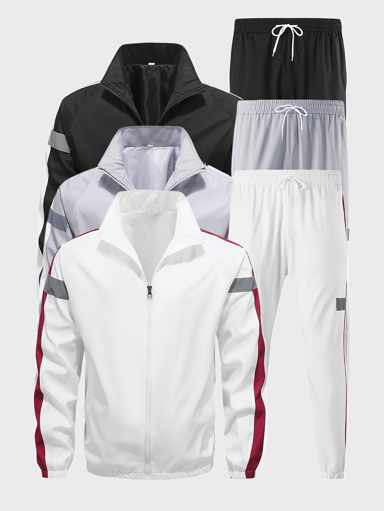 Men'S Casual Sportswear Set - 2pcs Autumn Fashionable Lightweight Fleece Jacket & Pants, Black & White with Red & Gray Accents, Perfect for Outdoor Activities & Casual Wear, Outdoor Casual Wear | Stylish Sportswear | Comforta