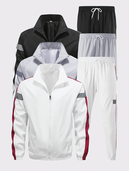 Men'S Casual Sportswear Set - 2pcs Autumn Fashionable Lightweight Fleece Jacket & Pants, Black & White with Red & Gray Accents, Perfect for Outdoor Activities & Casual Wear, Outdoor Casual Wear | Stylish Sportswear | Comforta