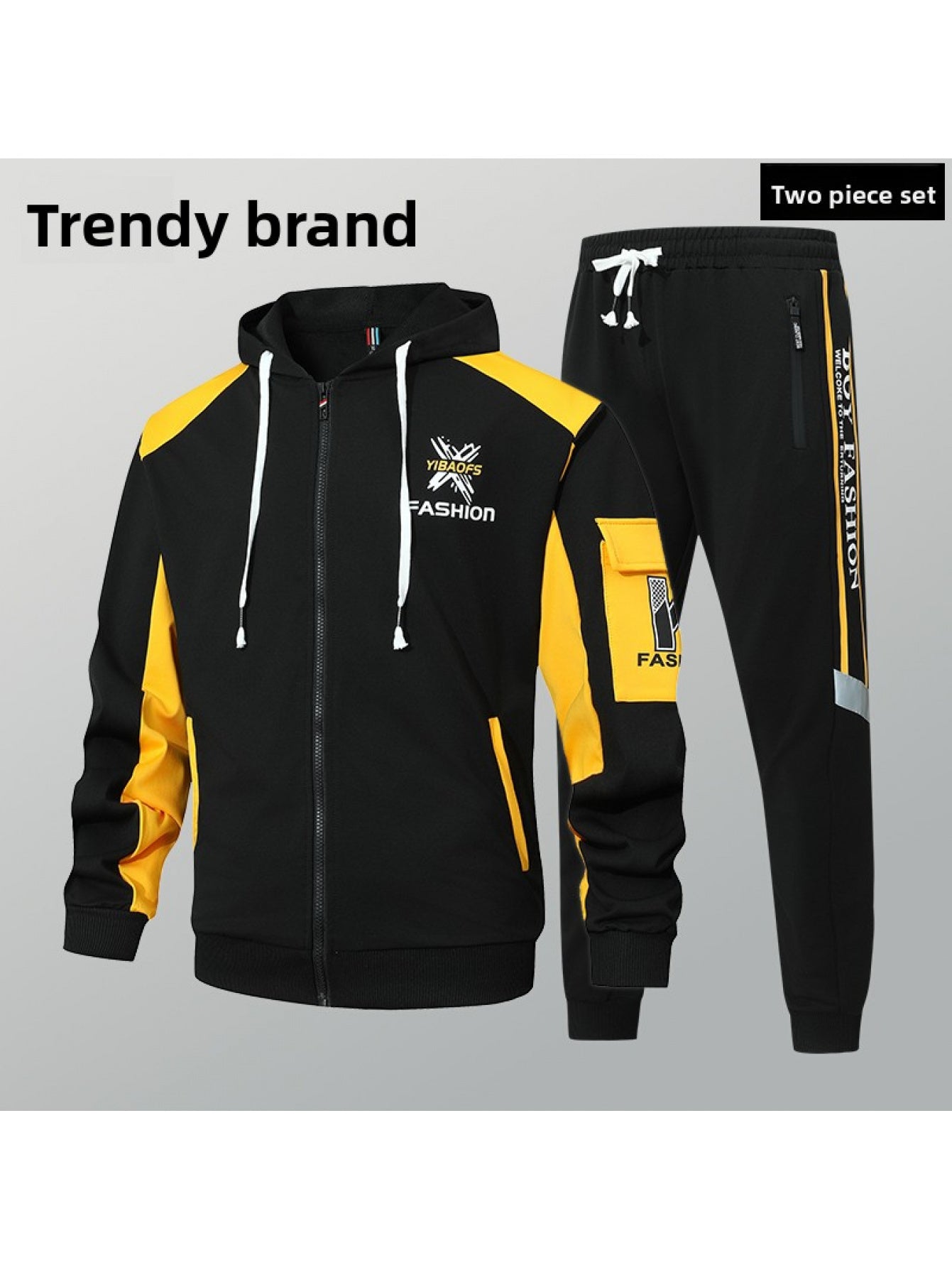 2pcs Men'S Sporty Hoodie Set with Drawstring Hooded Jacket and Cuffed Pants - Black & White Casual Streetwear, All-Season Comfort, Trendy Brand Design, Comfortable Clothing | Trendy Casual Wear | Zippered Hoodie, Sweater Hood