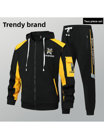 2pcs Men'S Sporty Hoodie Set with Drawstring Hooded Jacket and Cuffed Pants - Black & White Casual Streetwear, All-Season Comfort, Trendy Brand Design, Comfortable Clothing | Trendy Casual Wear | Zippered Hoodie, Sweater Hood