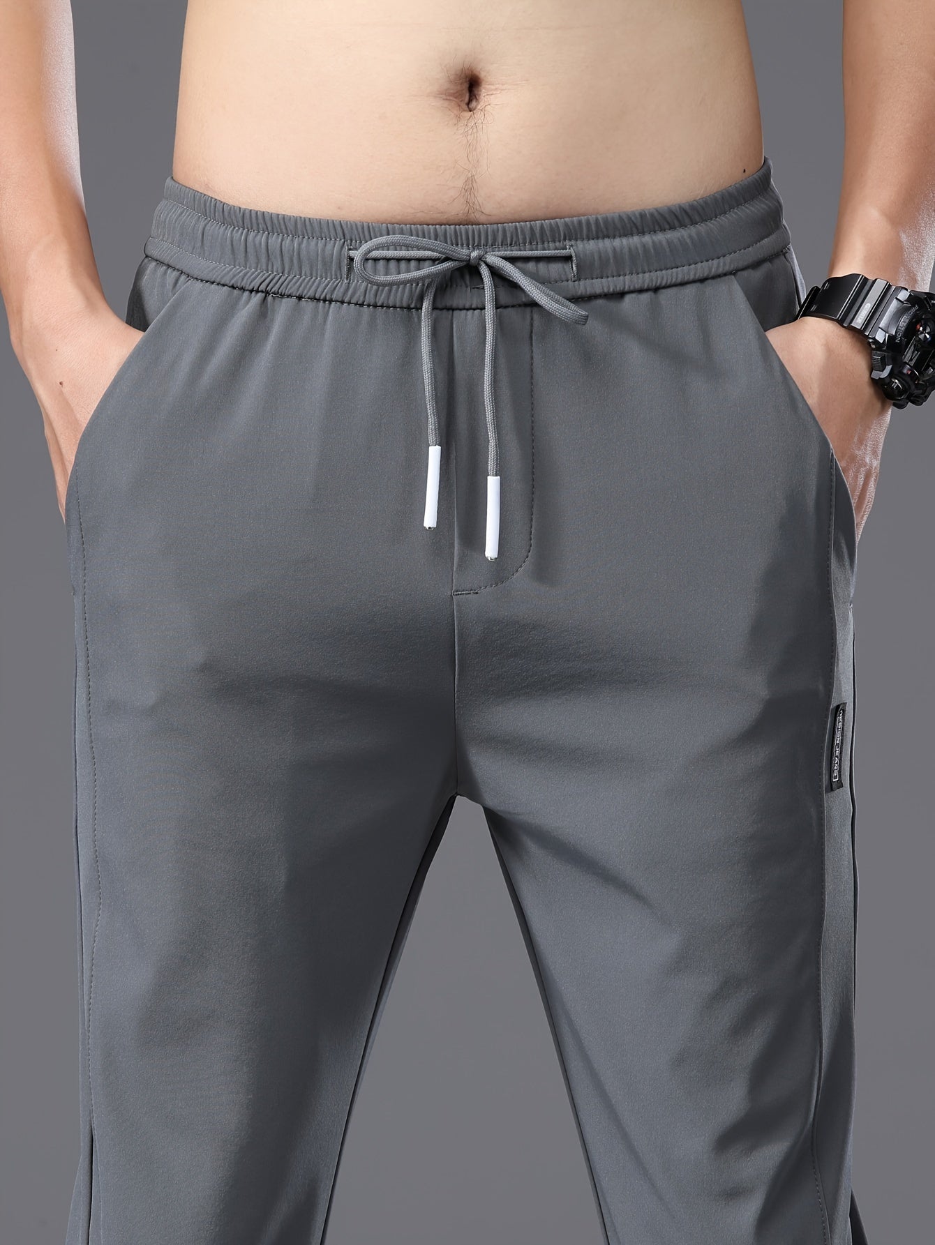 Men's Slim Fit Casual Drawstring Sports Pants, Summer Lightweight Trendy Elastic Quick-Dry Long Trousers, Stylish Comfortable Leisure Wear