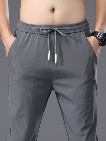 Men's Slim Fit Casual Drawstring Sports Pants, Summer Lightweight Trendy Elastic Quick-Dry Long Trousers, Stylish Comfortable Leisure Wear