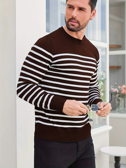 Գարնանային և աշնանային ամենօրյա երկգույն գծավոր տղամարդու սվիտեր-պուլովեր՝ գունավոր բլոկներով, կլոր վզնոցով, տղամարդու տրիկոտաժե վերնաշապիկ