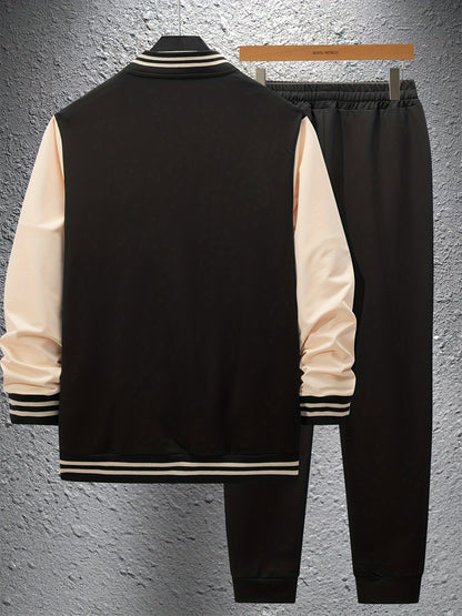 Տղամարդու ամենօրյա բեյսբոլի օձիքով բաճկոնի և տաբատի հավաքածու, գունային բլոկներով երկար թևքերով սվիտեր և սպորտային տաբատ, պոլիեսթերից հյուսված կոստյում կոճակներով, գարուն/աշուն հավաքածու