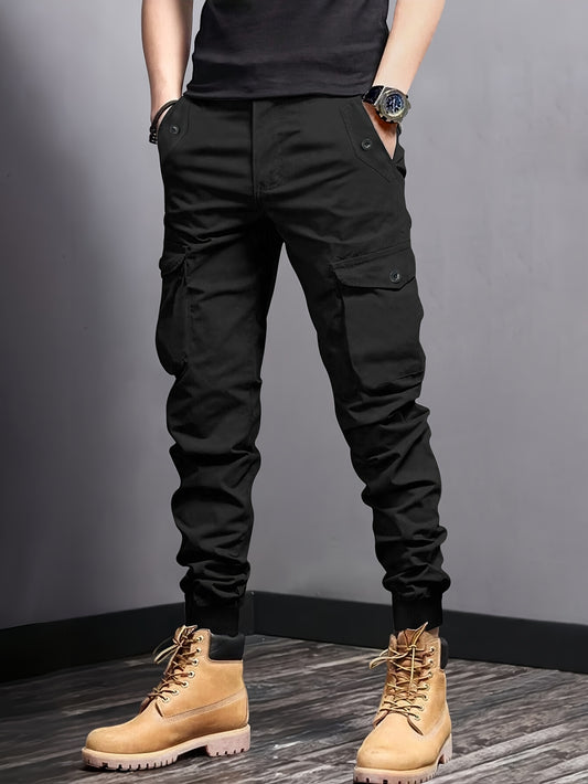 Casual Cargo Pants, Solid Color, Polyester, Non-Stretch Fabric, Regular Fit, with Multiple Pockets, for Spring/Fall, for Adult