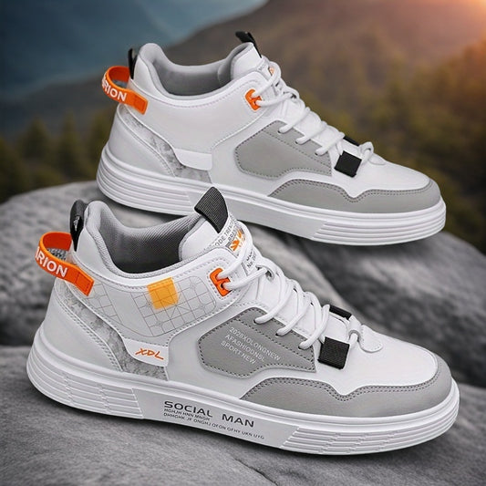 Men'S Solid Color Canvas Skate Shoes, High-Top Comfortable Non-Slip Lace-Up Sports Sneakers, Casual Athletic Footwear for Outdoor Activities, Spring/Summer/Autumn/Winter, Faux Upper, Fabric Lining, PVC Sole, Cloth Insole, Rou