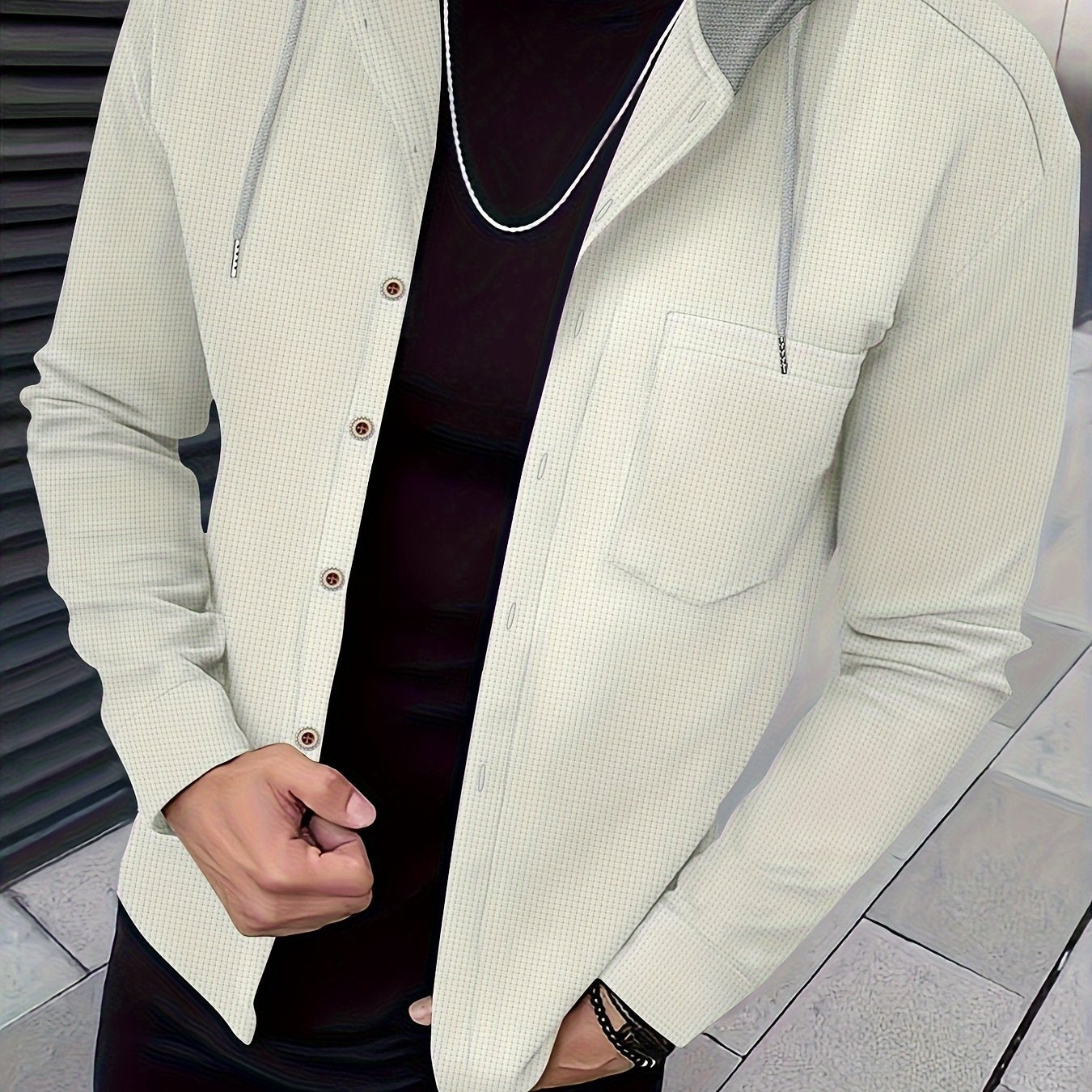 Տղամարդու առօրյա գլխարկով բաճկոն - փափուկ, շնչող պոլիեսթերից՝ կոճակներով դիզայնով և գրպաններով | Հիանալի է գարնանային, աշնանային և բացօթյա գործունեության համար, երկար թևքերով, նորաձև, ամենօրյա, հանգստի ոճով, ավանդական տարբերակով