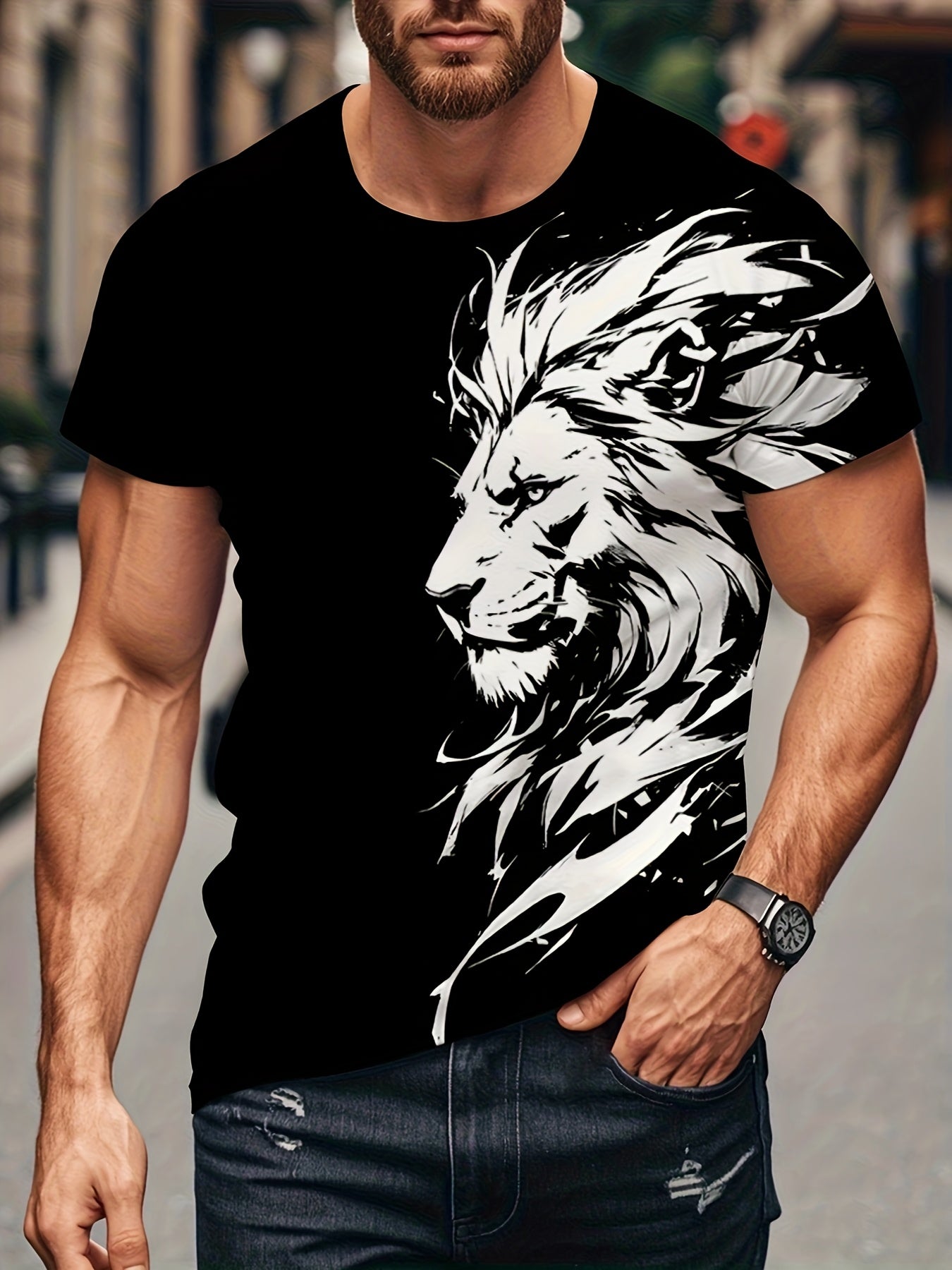 Նոր Առյուծի 3D Տպագրության Նախշ, Կարճ Թևքերով Կլոր Վզիկով Շապիկ, Տղամարդկանց Արտաքին Հագուստ