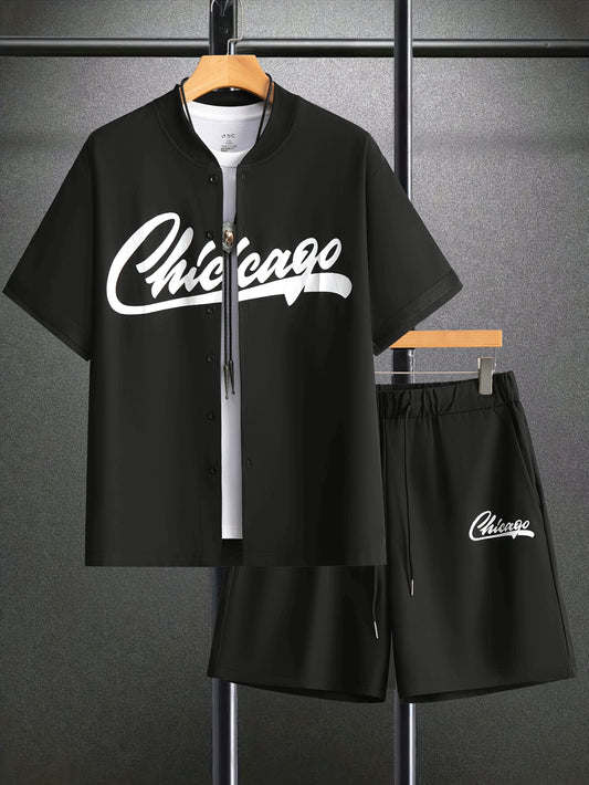 Men's Chicago Letter Print Casual Short Sleeve Baseball Shirt with Printed Webbing + Drawstring Shorts Two-Piece Set