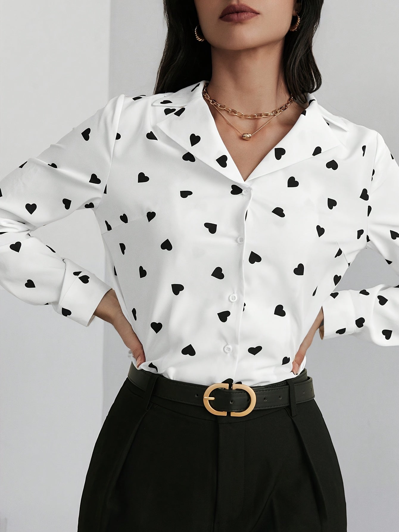 Elegant Women's Heart Pattern Long Sleeve Button-Up Shirt - Semi-Sheer, Polyester, Machine Washable - Perfect for Spring/Fall - ayq