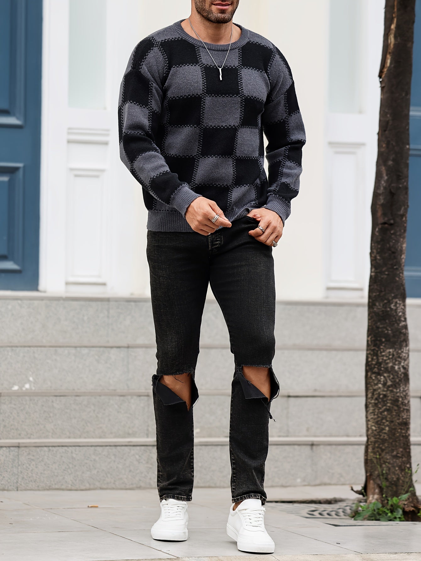 Տղամարդկանց գունաբլոկինգ տեքստուրային պրինտ, պատահական թրենդային սվիտեր, երկարաթև պուլովեր՝ որպես նվեր աշնան և ձմռան համար