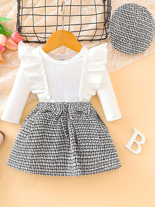 Girls' Plaid Ruffle Sleeve Turtleneck Top with Bowknot Detail, Long Sleeve Knit Skirt Set with Matching Hat - Casual Polyester and Spandex Blend, Elastic Waist, Knit Fabric, Autumn/Winter Collection, For Outdoor - ayq