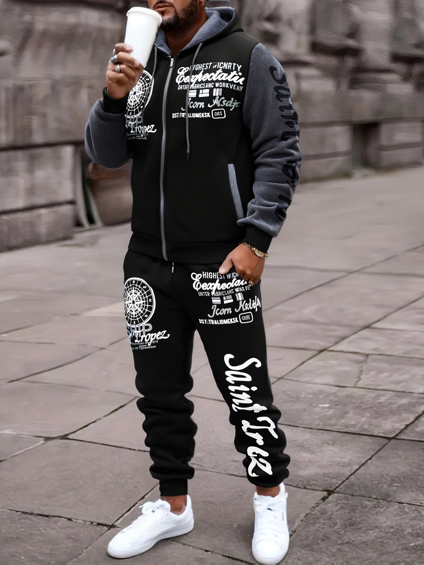 Men'S Bold Print Urban Streetwear Pullover Hoodie & Pants Set - Black & Red with "Saint" Design, Polyester, Long Sleeve, Regular Fit, Spring/Fall Casual Wear, Casual Streetwear Outfit|Bold Print Hoodie|Stretchy Fabric