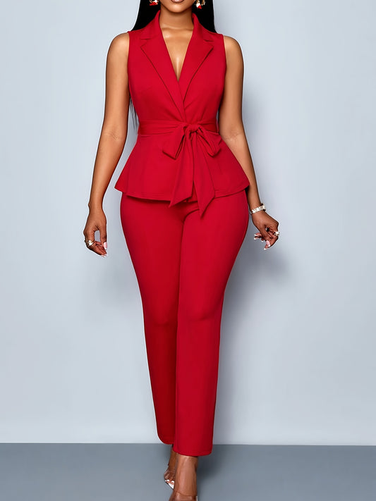 Էլեգանտ միագույն անթև բլեյզեր և տաբատ՝ երկու մասից բաղկացած հավաքածու - ժանյակավոր դետալներով, գոտկատեղի կապով, բոլոր եղանակների ոճային աշխատանքային հագուստ կանանց համար, գրասենյակային հագուստ | Նրբագեղ չափս | ժանյակավոր բլեյզեր