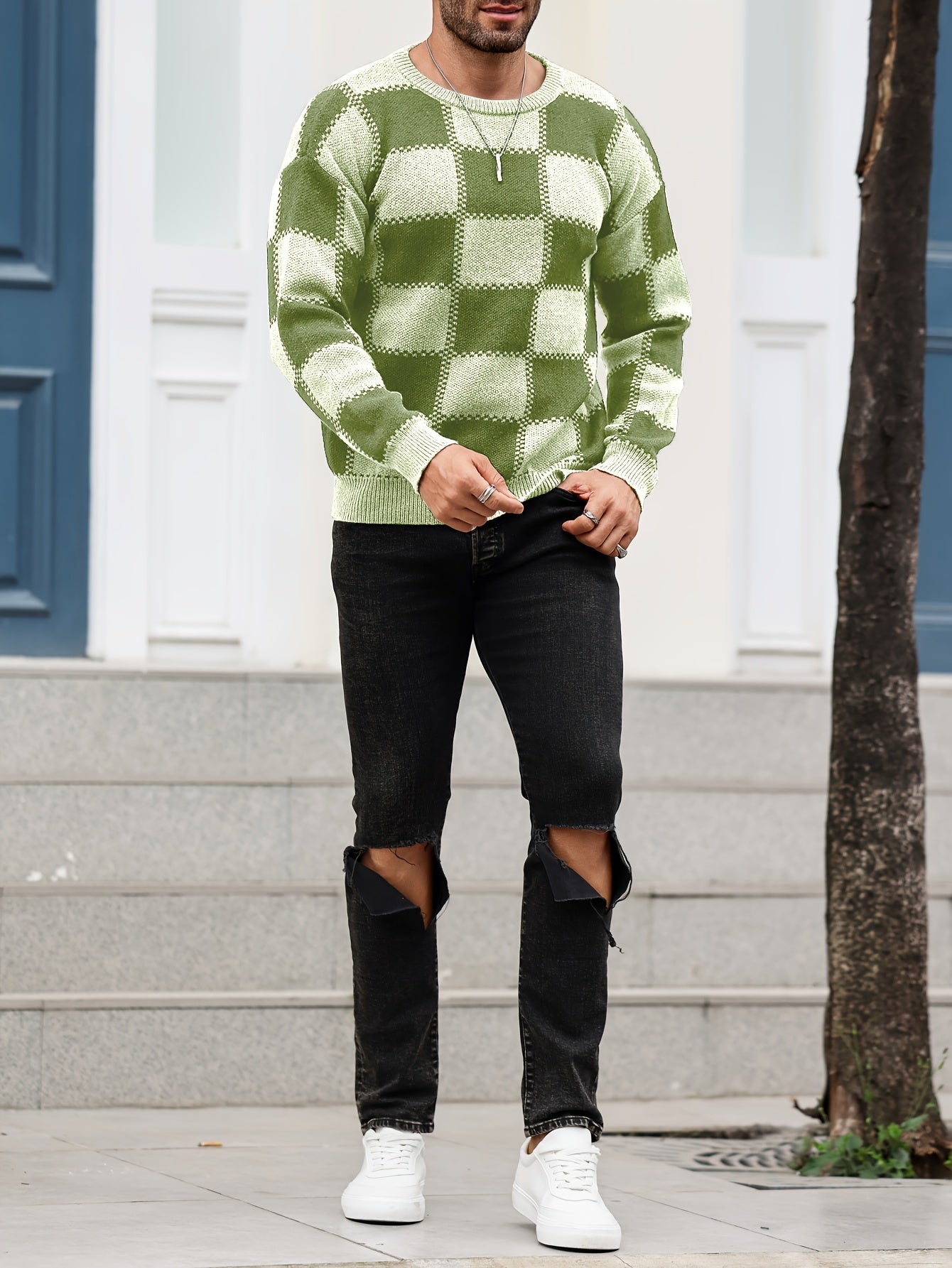 Տղամարդկանց գունաբլոկինգ տեքստուրային պրինտ, պատահական թրենդային սվիտեր, երկարաթև պուլովեր՝ որպես նվեր աշնան և ձմռան համար