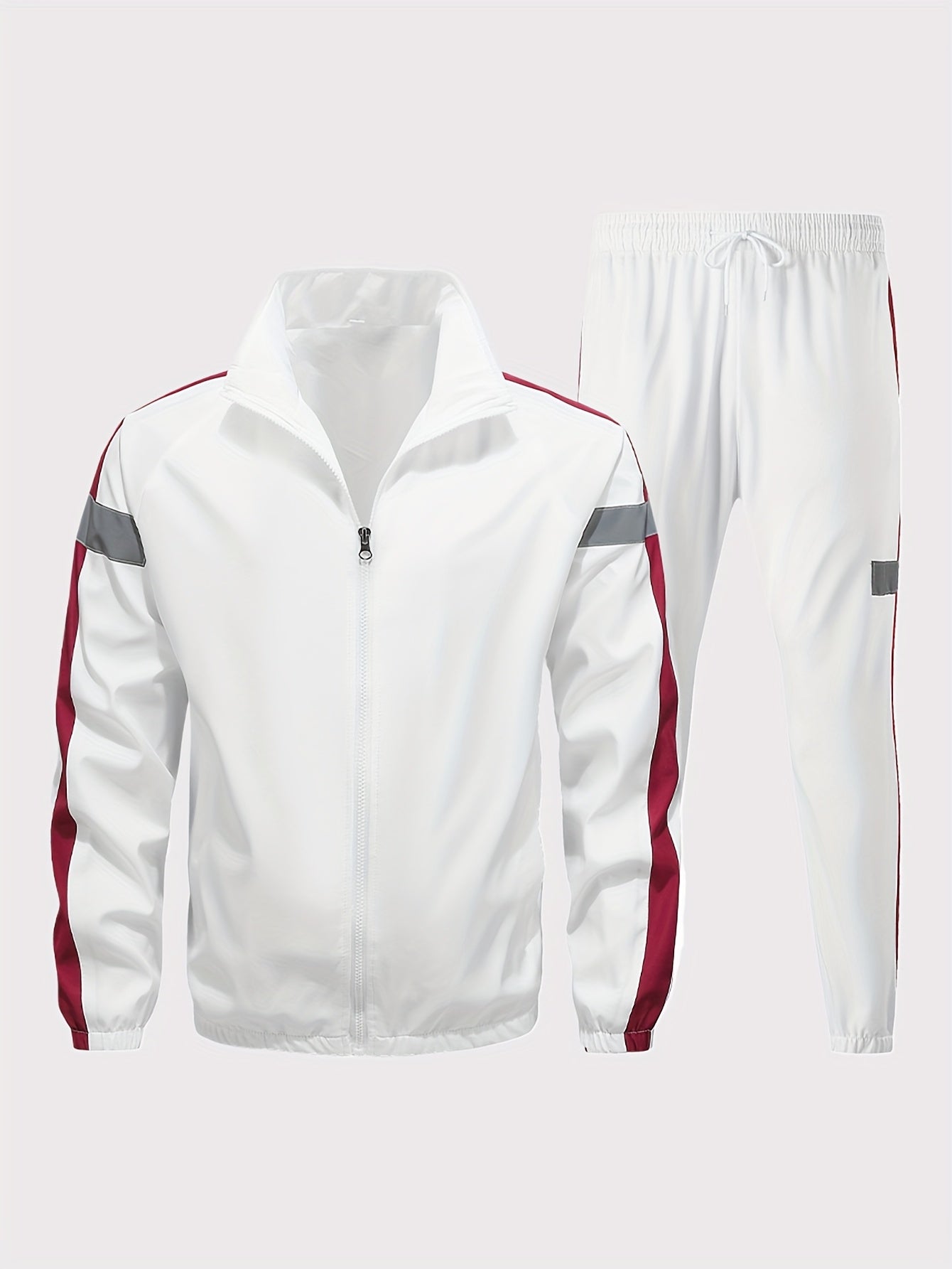 Men'S Casual Sportswear Set - 2pcs Autumn Fashionable Lightweight Fleece Jacket & Pants, Black & White with Red & Gray Accents, Perfect for Outdoor Activities & Casual Wear, Outdoor Casual Wear | Stylish Sportswear | Comforta