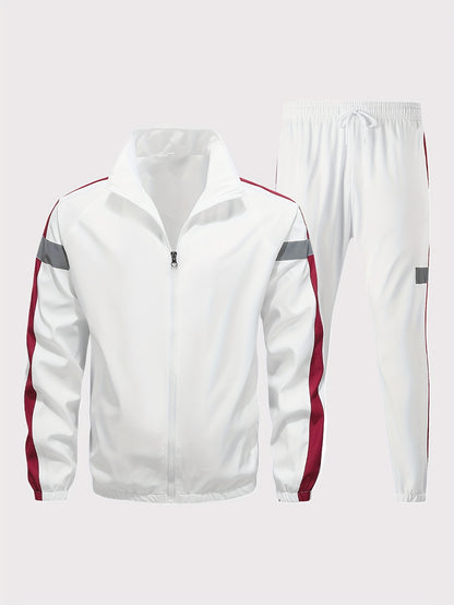 Men'S Casual Sportswear Set - 2pcs Autumn Fashionable Lightweight Fleece Jacket & Pants, Black & White with Red & Gray Accents, Perfect for Outdoor Activities & Casual Wear, Outdoor Casual Wear | Stylish Sportswear | Comforta