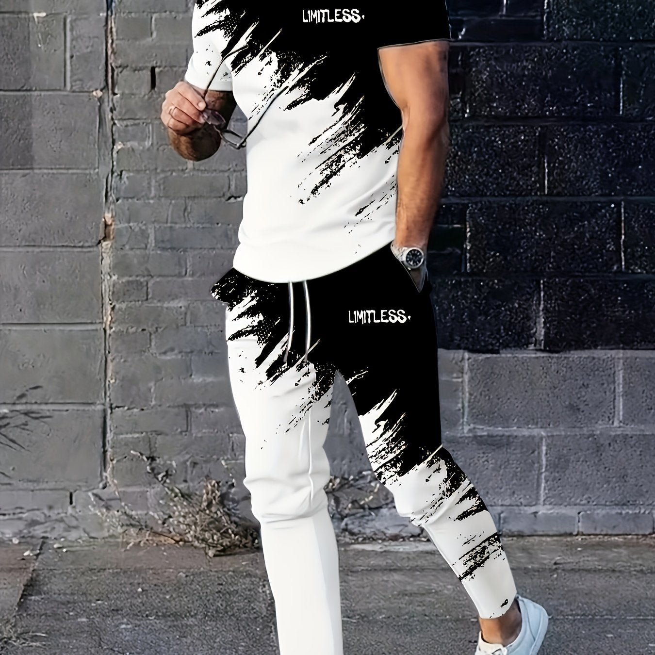 Տղամարդկանց նորաձևության գրադիենտային նախշերով, կլոր վզնոցով, կարճ թևքով մարզաշապիկ և տաբատ, երկու մասից բաղկացած հավաքածու՝ բացօթյա սպորտի համար