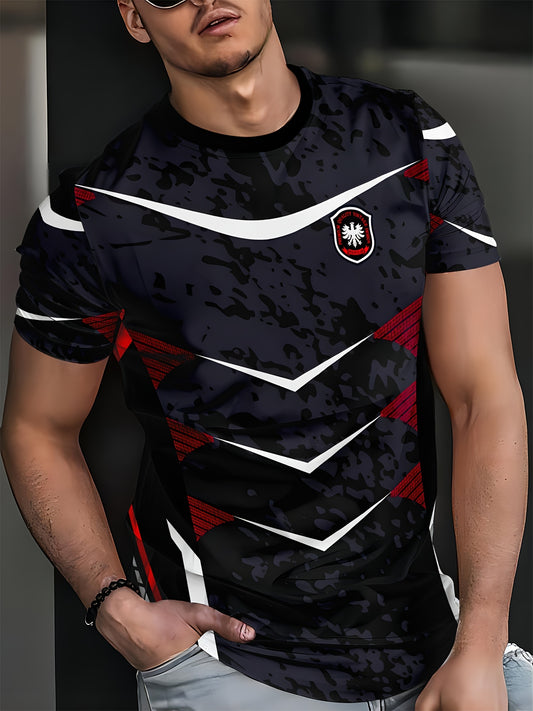 1 հատ տղամարդու մարզական մարզաշապիկ՝ պոլիեսթերից, կլոր վզով, թեթևակի ձգվող, նախշավոր տրիկոտաժե գործվածքով, ամառային ամենօրյա վերնաշապիկ՝ ֆիթնես մարզումների համար