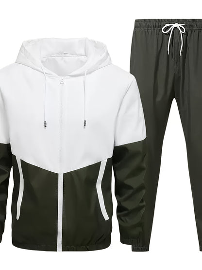 Տղամարդկանց գարուն-աշուն բացօթյա սպորտաձևերի մարզումների համար նախատեսված ամենօրյա գունային բլոկներով կարված վերնաշապիկով, կարգավորվող հավաքածու՝ տնային վերնաշապիկով և տաբատով, նորաձև քամուց պաշտպանող բաճկոնով, տաբատով, երկկտոր կոստյումով