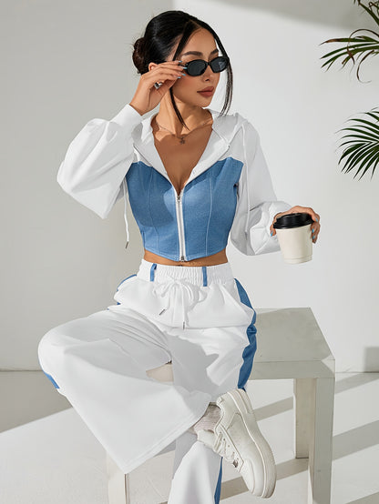 Women'S Stylish Two-Piece Set - Blue & Black Zip-Up Hoodie with Pockets, Long Sleeve Crop Top, and Wide-Leg Pants, Perfect for Spring/Fall, Casual Elegance, Casual Attire|Modern Casualwear|Zippered Hoodie