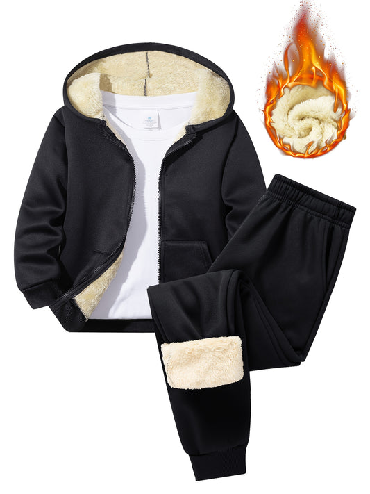 2 հատ տղաների համար նախատեսված բրդյա աստառով գլխարկով սվիտեր + առօրյա տաբատների հավաքածու, միագույն երկարաթև, կայծակաճարմանդով վերնաշապիկ՝ միջին ձգվողության տաք գործվածքից, աշուն/ձմեռ սեզոնի համար, իդեալական է