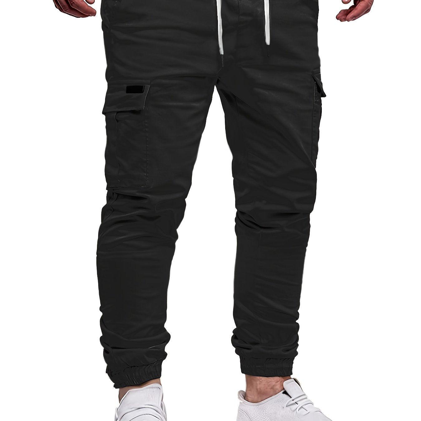 Men's Fashion, Regular Fit And Cuffed Solid Cargo Pants With Flap Pockets, Chic And Trendy Solid Drawstring Leisure Trousers For Daily Outerwear - ayq