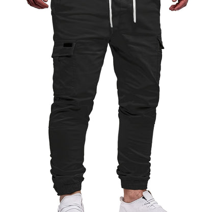Men's Fashion, Regular Fit And Cuffed Solid Cargo Pants With Flap Pockets, Chic And Trendy Solid Drawstring Leisure Trousers For Daily Outerwear - ayq
