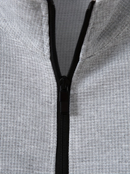 Տղամարդու սպորտային գունային բլոկով կայծակաճարմանդով բաճկոնի և վազքի տաբատի հավաքածու - պոլիեսթերի խառնուրդ, իդեալական է գարնան/աշնան համար