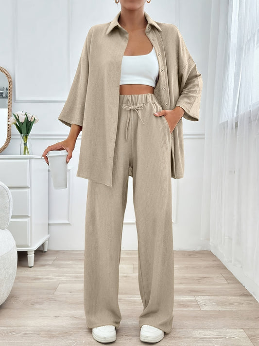 Կանացի էլեգանտ երկկտոր բեժ առօրյա կոստյում - կարճ վերնաշապիկ և լայն տաբատ՝ գրպաններով, իդեալական է բոլոր եղանակների համար, ոճային տնային հագուստ | Առօրյա հագուստ | Գրպաններով տաբատ