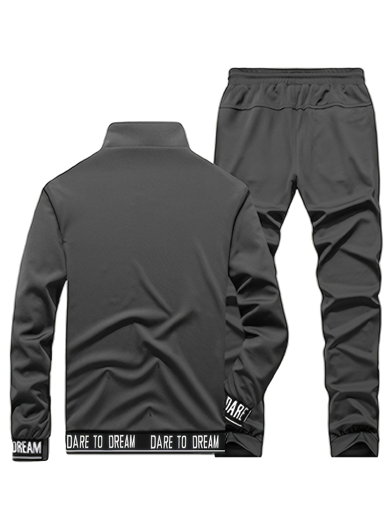 Տղամարդկանց ամենօրյա սպորտային հագուստի հավաքածու - բեժ գույնի ճարմանդով բաճկոն և մարզական տաբատ "DARE TO BE" տպագրությամբ, երկար թևերով, գրպաններով և քաշվող գոտիով, իդեալական է վազքի և հանգստի համար, գարուն/աշուն հավաքածու, գարուն-աշուն հագուստ | Zipup J