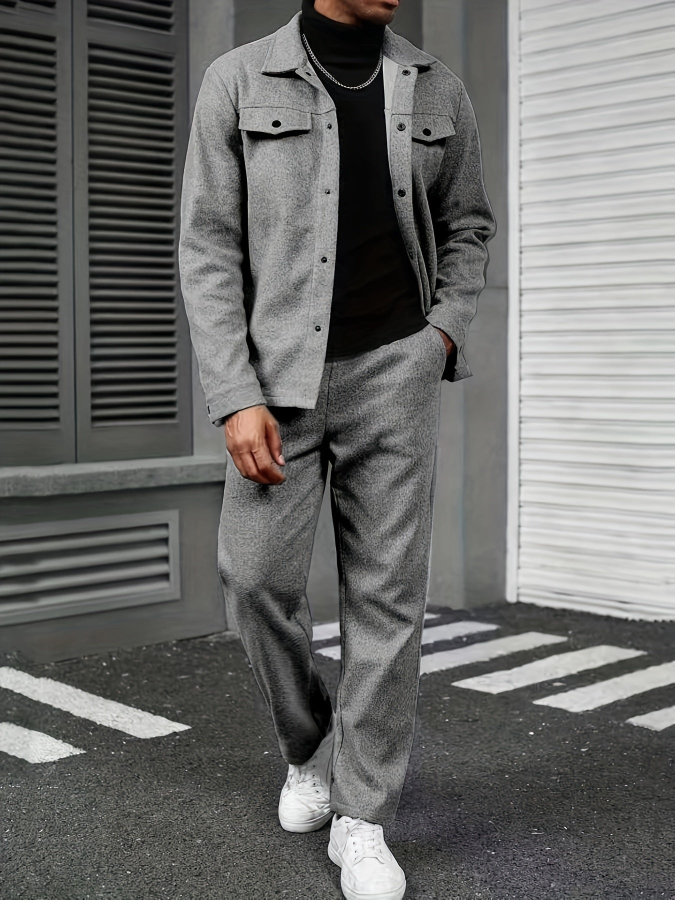 Տղամարդու երկկտոր առօրյա հագուստ - սև կոճակներով վերնաշապիկ և տաբատ, երկար թևքերով, ազատ չափսերով, չձգվող գործվածքով, իդեալական է գարնան/աշնան համար, առօրյա հագուստ | ազատ չափսերով | կոճակներով վերնաշապիկ