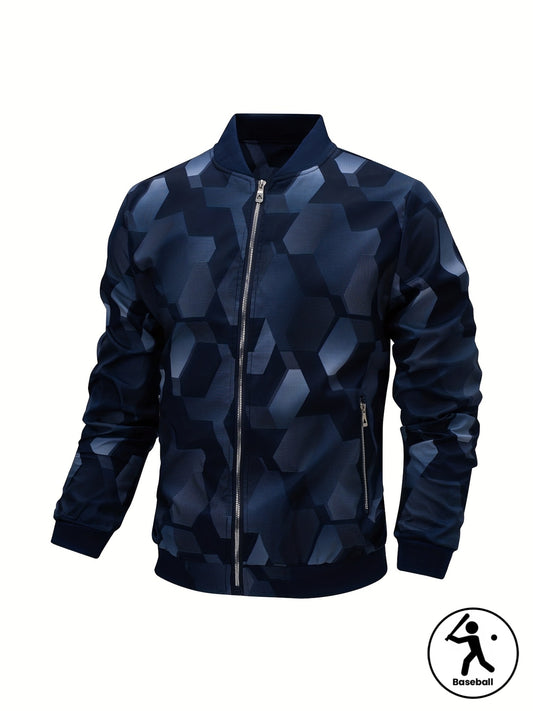 Men'S Camo Baseball Jacket - Full-Body Print Outdoor Sports Coat with Zipper Closure, Regular Fit Casual Preppy Style, Polyester Lining & Non-Stretch Fabric for Spring & Year-Round Wear, Durable Fabric Coat, Active Lifestyle,