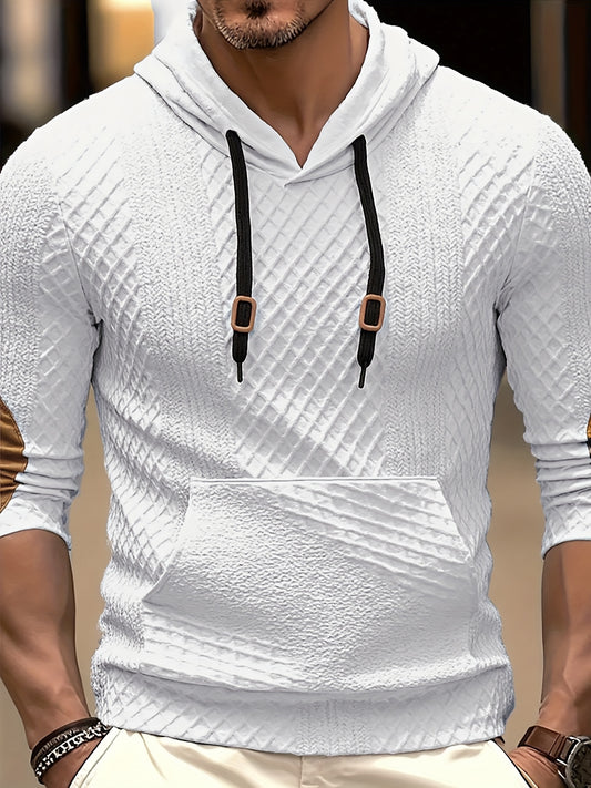 Men'S Fashion Top for Autumn And Winter, Featuring Outdoor Casual Textured Fabric, a Hood, Color-Blocking Design, Long Sleeves, And Pockets, Styled As a Men'S Henley Shirt