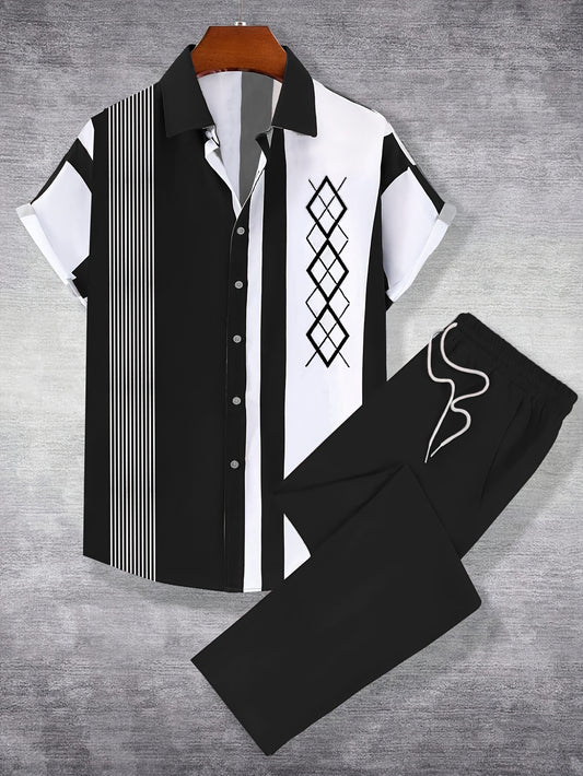 Տղամարդու կարճ թևքով վերնաշապիկի և տաբատի հավաքածու - սև և սպիտակ երկրաչափական նախշերով, պոլիեսթեր, չձգվող, ամառային սպորտային, սովորական չափսի, ամենօրյա հագուստ | Երկրաչափական նախշերով վերնաշապիկ | Պոլիեսթերային գործվածք