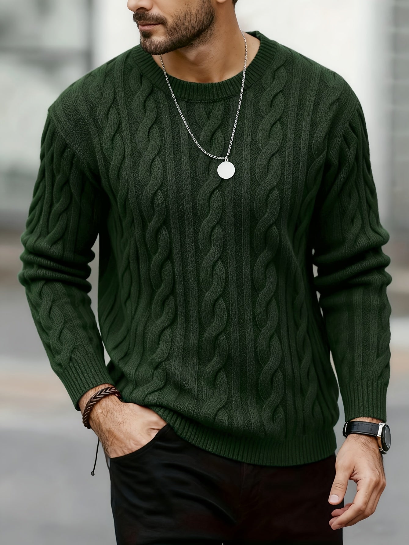New Autumn-Winter Men's Casual Commuter Solid Color Crew Neck Knit Pullover