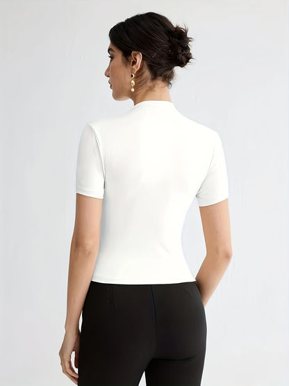 Էլեգանտ սպիտակ կարճ թևքով, բարձր օձիքով վերնաշապիկ՝ կոճակներով դետալով - Կանացի բազմակողմանի ամառային բլուզ, առօրյա հագուստ | Մինիմալիստական ոճ | Նրբագեղ չափս