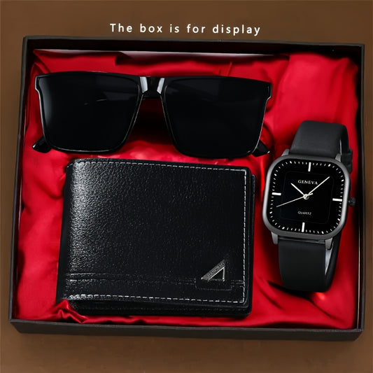 3pcs Men's Watch Set Fashionable Men's Watch and Glasses Wallet Set