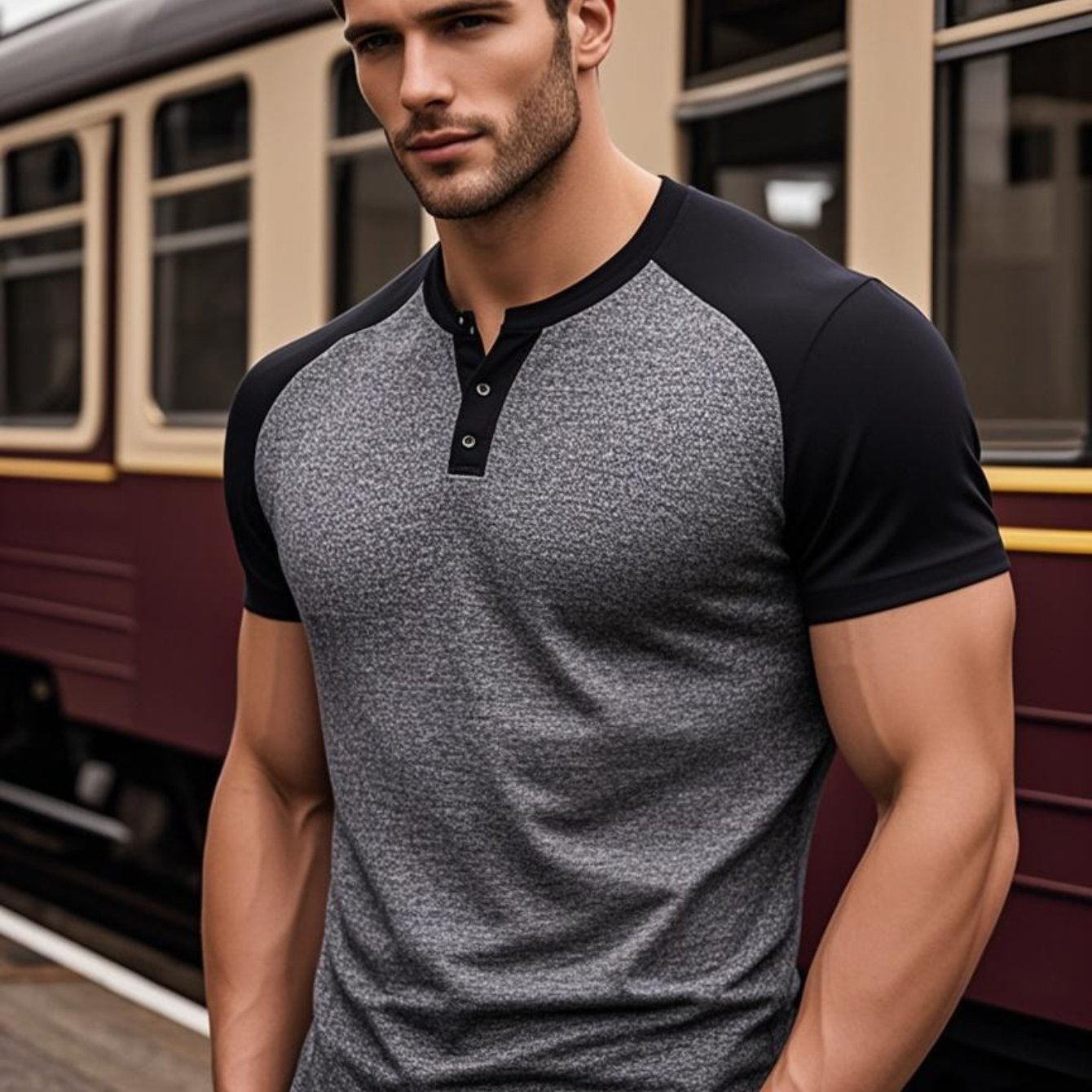 Տղամարդու ամառային դասական Ռագլան Հենրի օձիքով ամենօրյա շապիկ - շնչող միագույն կարճ թևքով շապիկ, սովորական չափսի ամենօրյա հագուստի համար, ամենօրյա շապիկներ, երկգույն դիզայն, հարմարավետ չափսի շապիկ