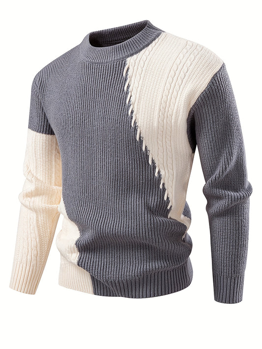 New Autumn-Winter Round Neck Men's Sweater, Fashion Casual Trendy Patchwork Knitwear, Warm Thick Stylish Loose Top